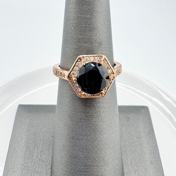 Vintage Hexagon Black Clear Rhinestone Ring Gatsby Glamour Retro Statement - Picture 6 of 10